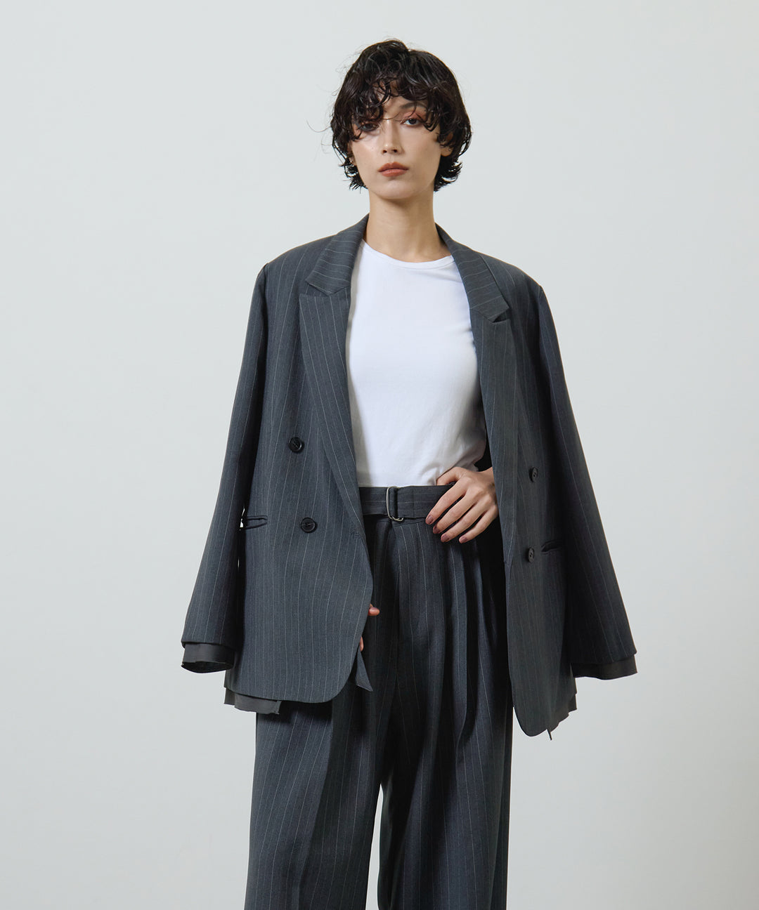 [2SET]Twill Double Jacket + Twill Tuck Belt Slacks