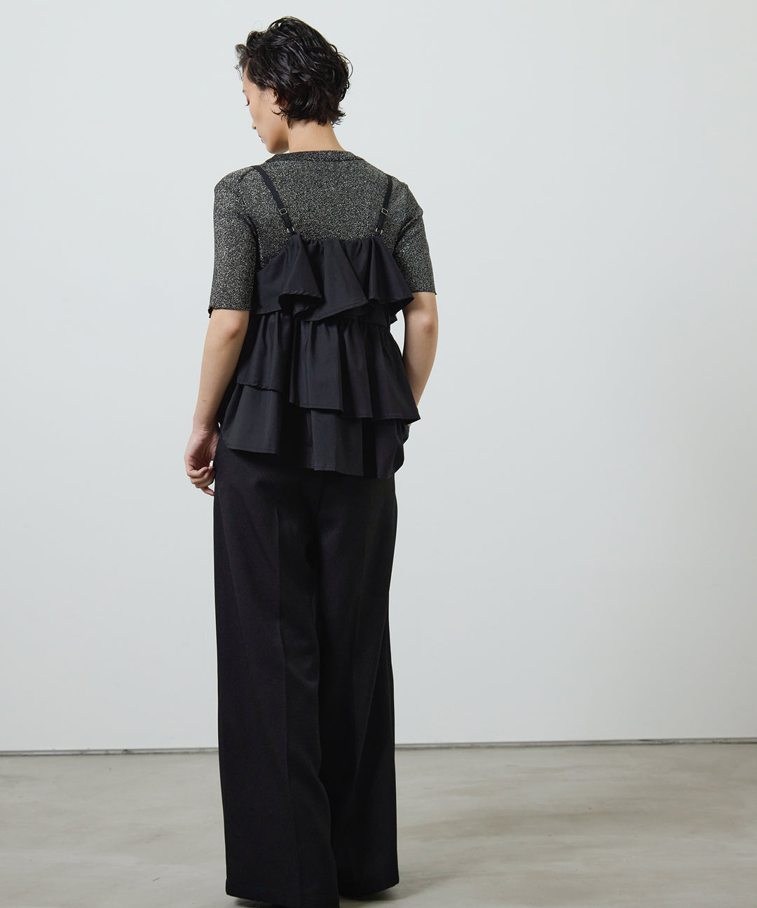 [2SET]Glitter Knit Tops + Twill Tuck Belt Slacks