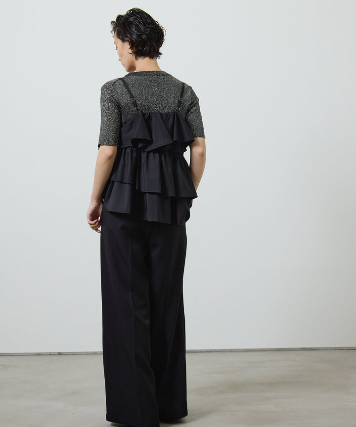 [2SET]Glitter Knit Tops + Twill Tuck Belt Slacks