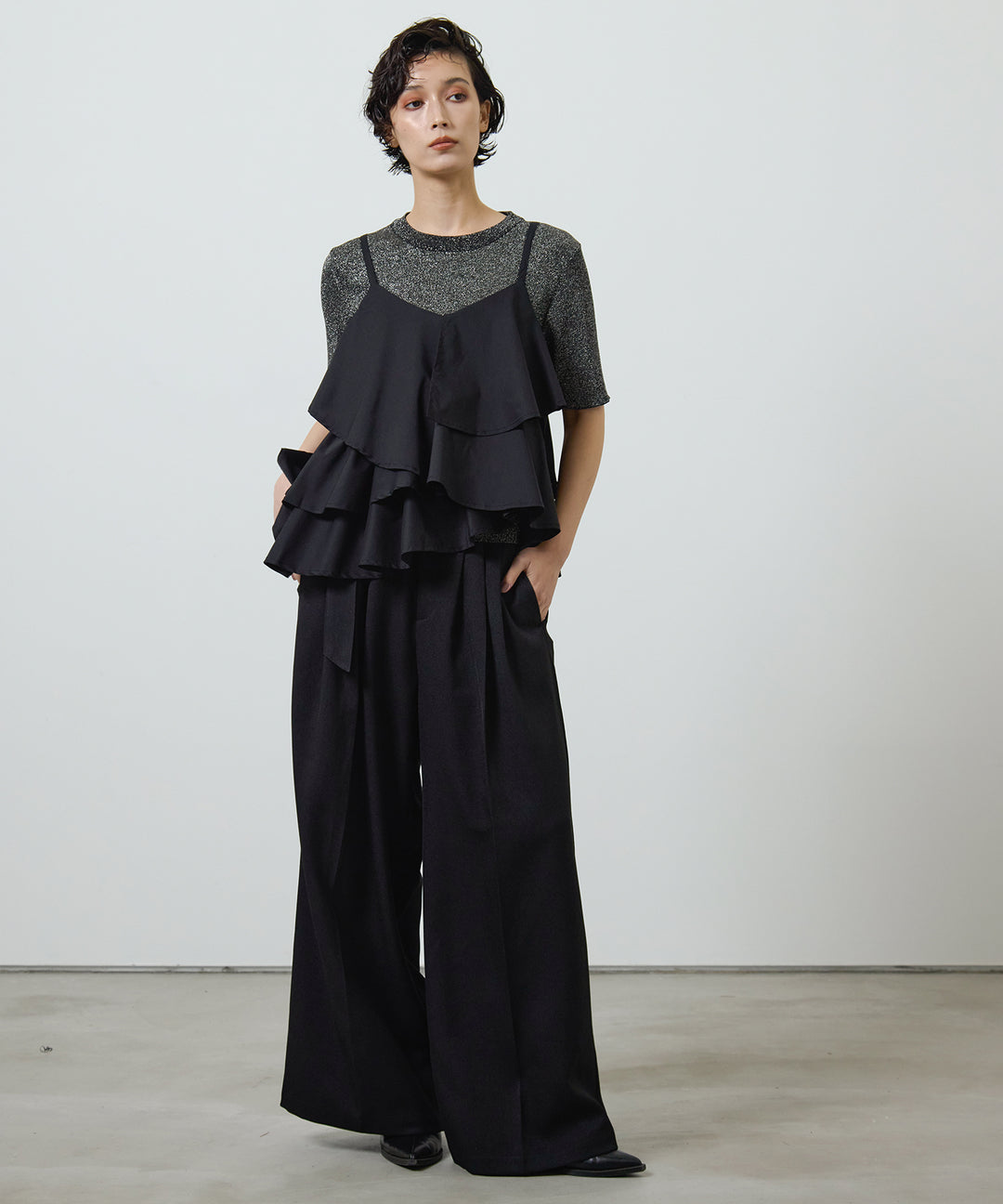 [3SET]Glitter Knit Tops + Asymmetry FrillC/A + Twill Tuck Belt Slacks
