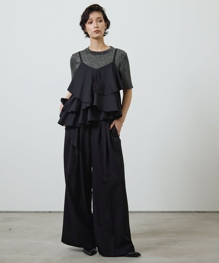 [2SET]Glitter Knit Tops + Twill Tuck Belt Slacks
