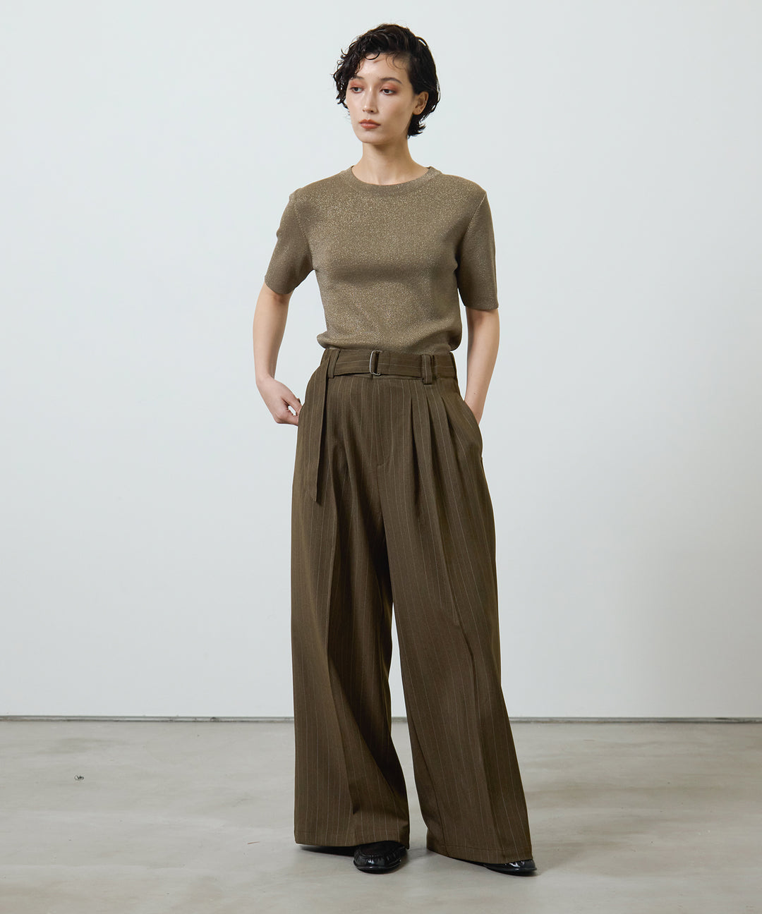 [3SET]Glitter Knit Tops + Asymmetry FrillC/A + Twill Tuck Belt Slacks