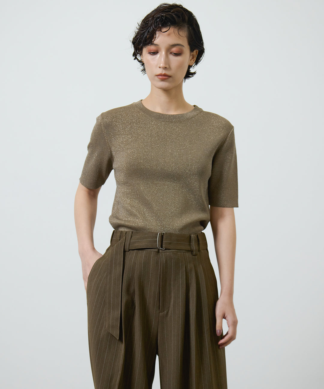 [2SET]Glitter Knit Tops + Twill Tuck Belt Slacks