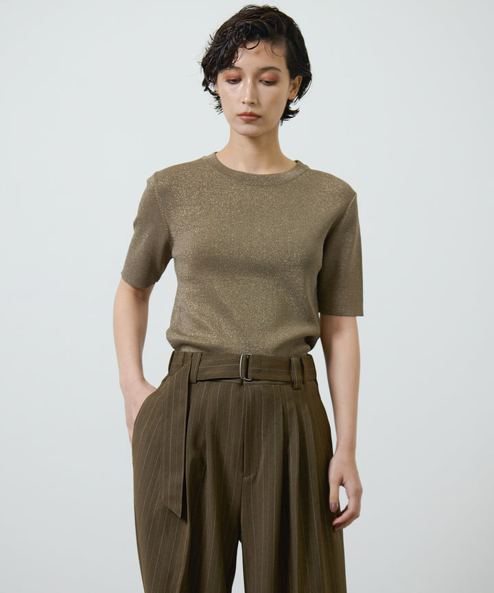 [2SET]Glitter Knit Tops + Twill Tuck Belt Slacks