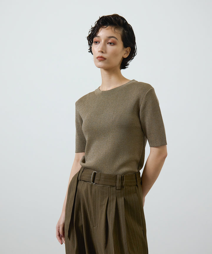 [2SET]Glitter Knit Tops + Twill Tuck Belt Slacks