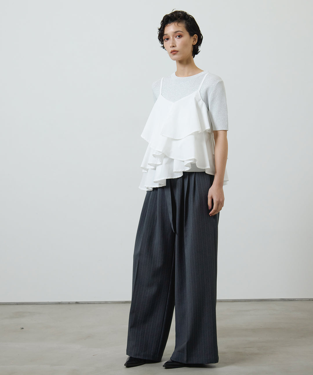 [3SET]Glitter Knit Tops + Asymmetry FrillC/A + Twill Tuck Belt Slacks