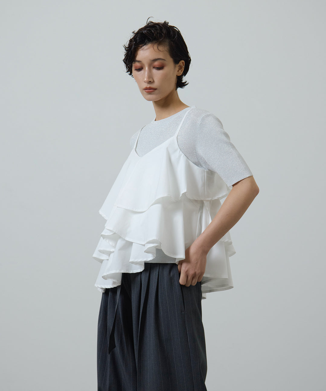 [2SET]Asymmetry Frill C/A + Rib Knit Onepiece