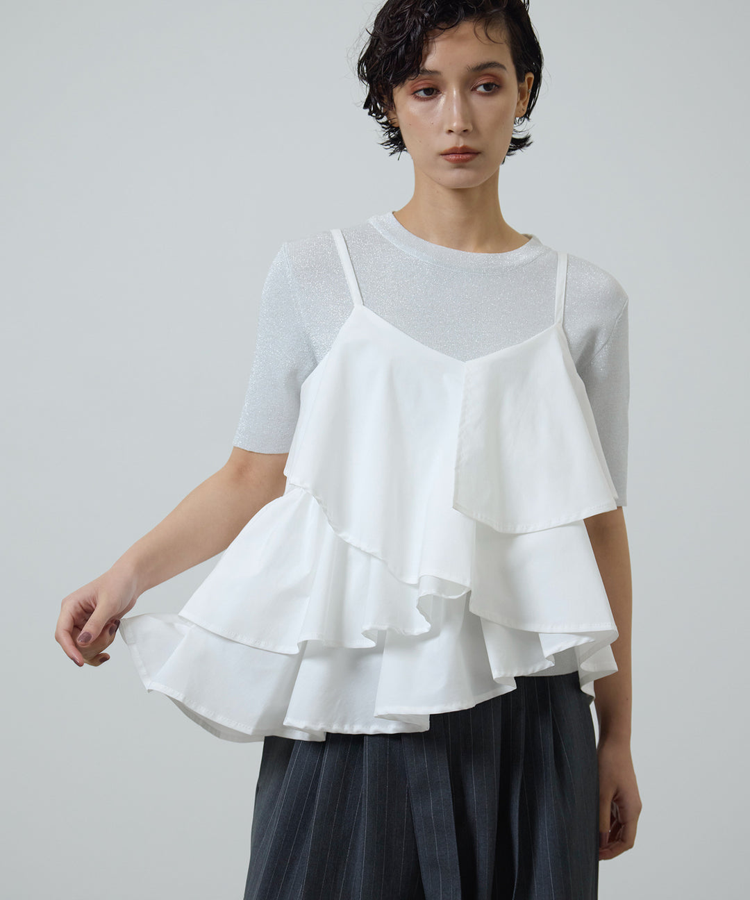 [2SET]Asymmetry Frill C/A + Rib Knit Onepiece