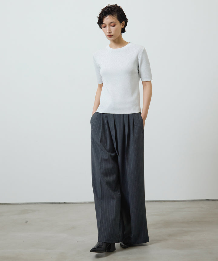 [2SET]Glitter Knit Tops + Twill Tuck Belt Slacks