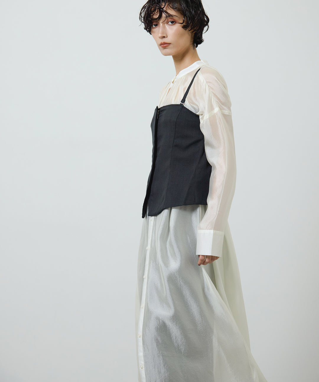 [2SET]Sheer Gloss Shirt Onepiece + Zip Camisole Bustier