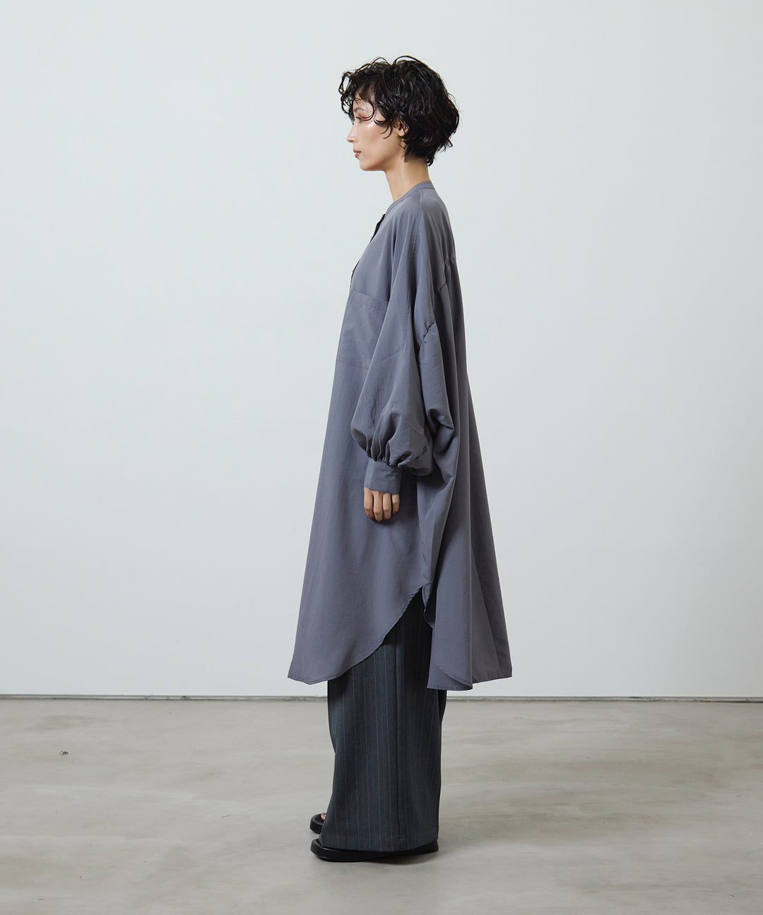 (eliuu)Collarless Gather Over Shirt