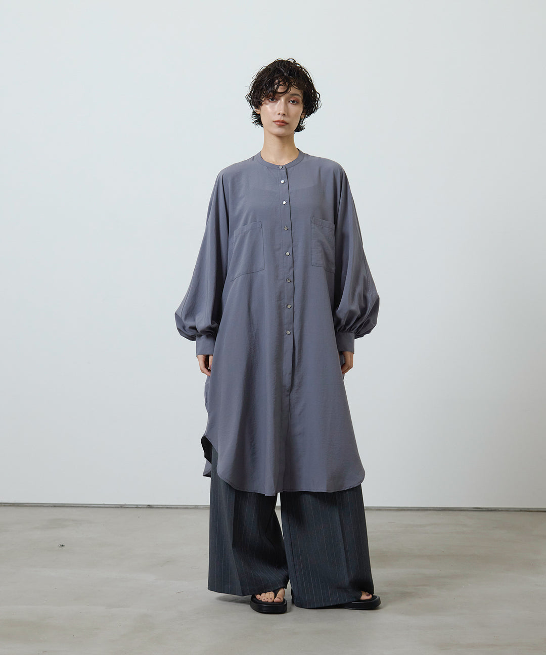 (eliuu)Collarless Gather Over Shirt