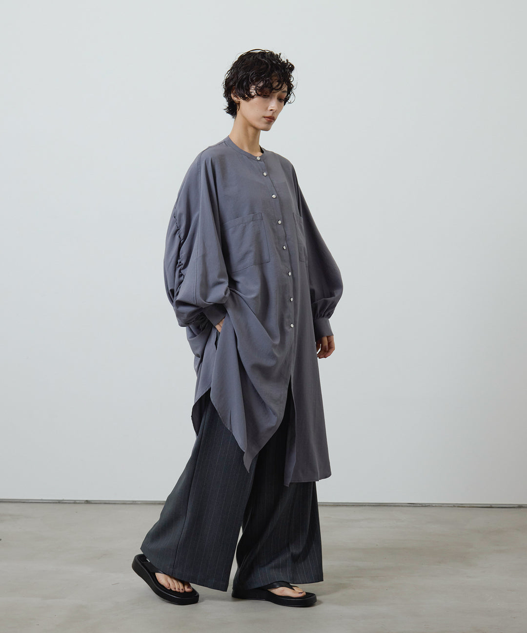 (eliuu)Collarless Gather Over Shirt