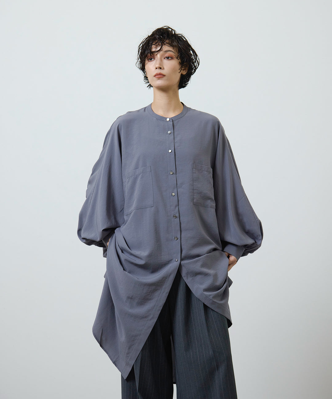 (eliuu)Collarless Gather Over Shirt