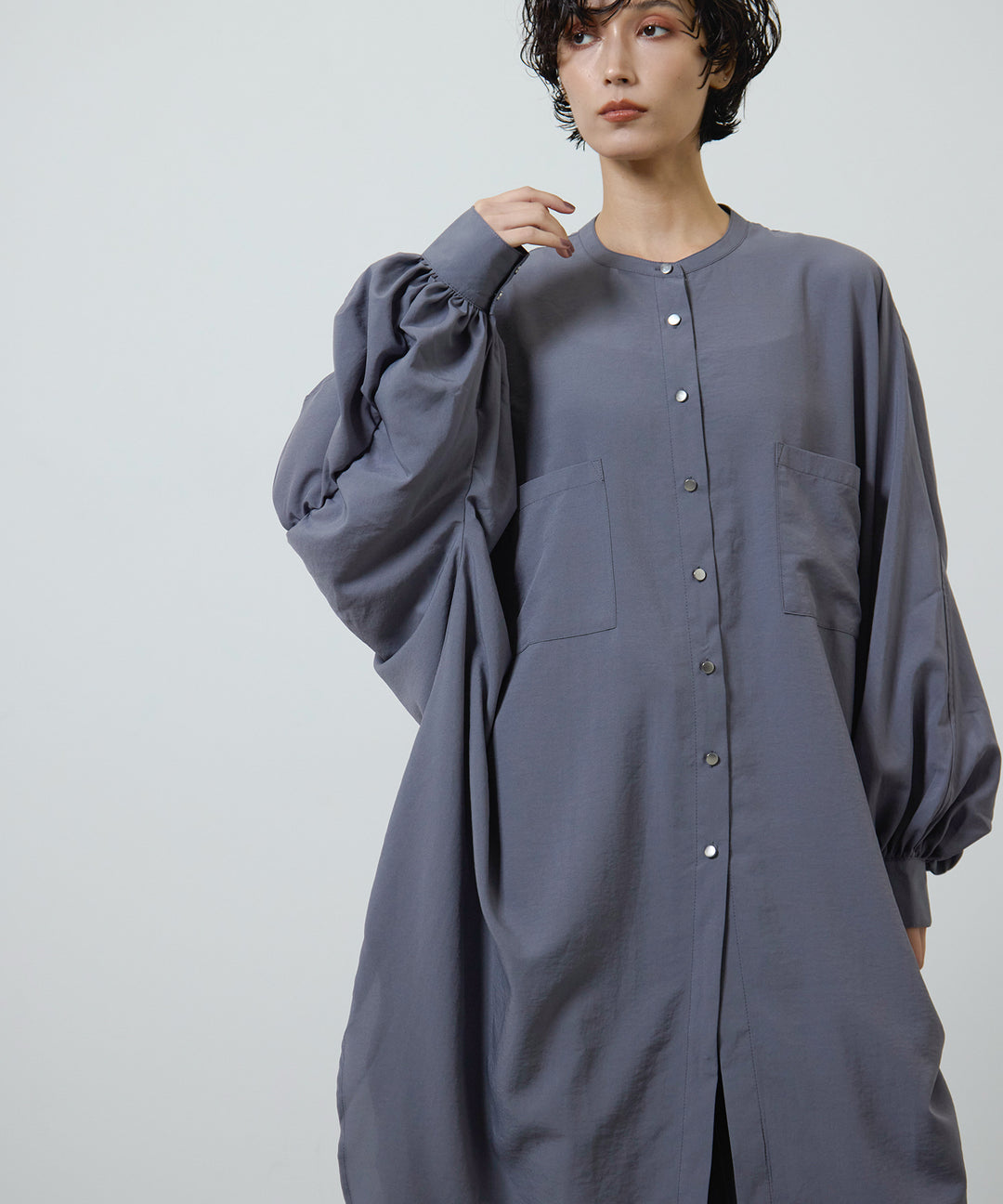 (eliuu)Collarless Gather Over Shirt