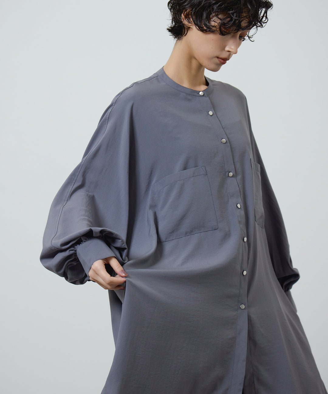 (eliuu)Collarless Gather Over Shirt
