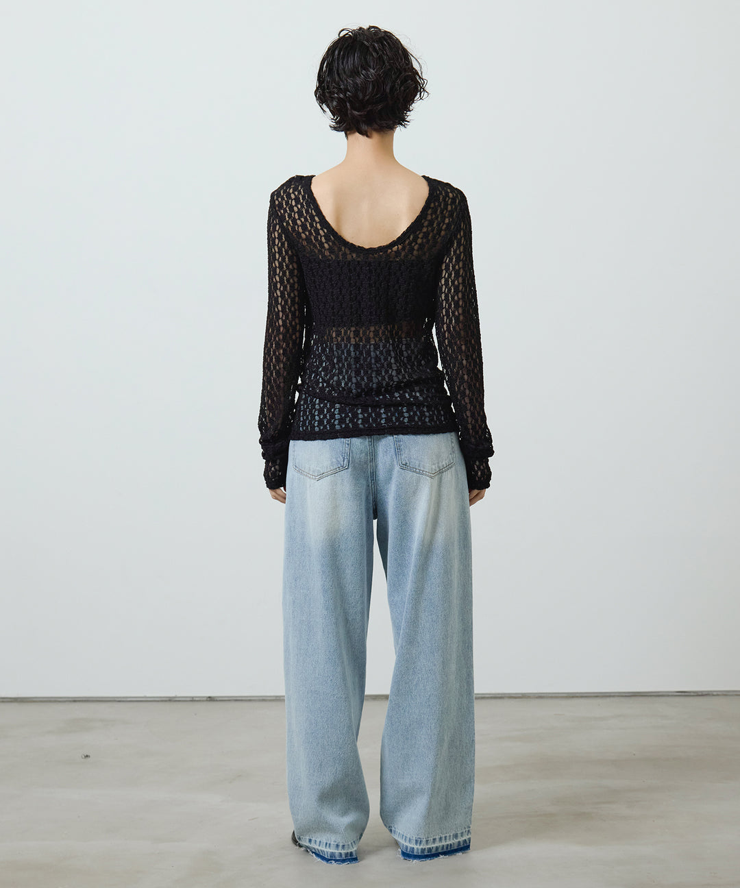 [2SET]Bumpy Lace Long Tee + Hem Wash Denim