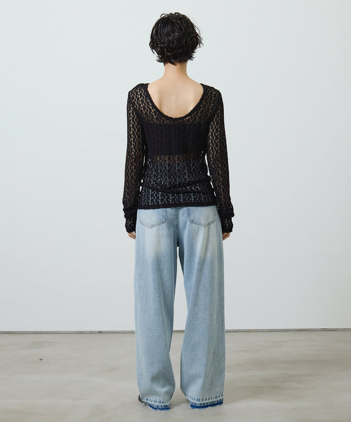 [2SET]Bumpy Lace Long Tee + Hem Wash Denim