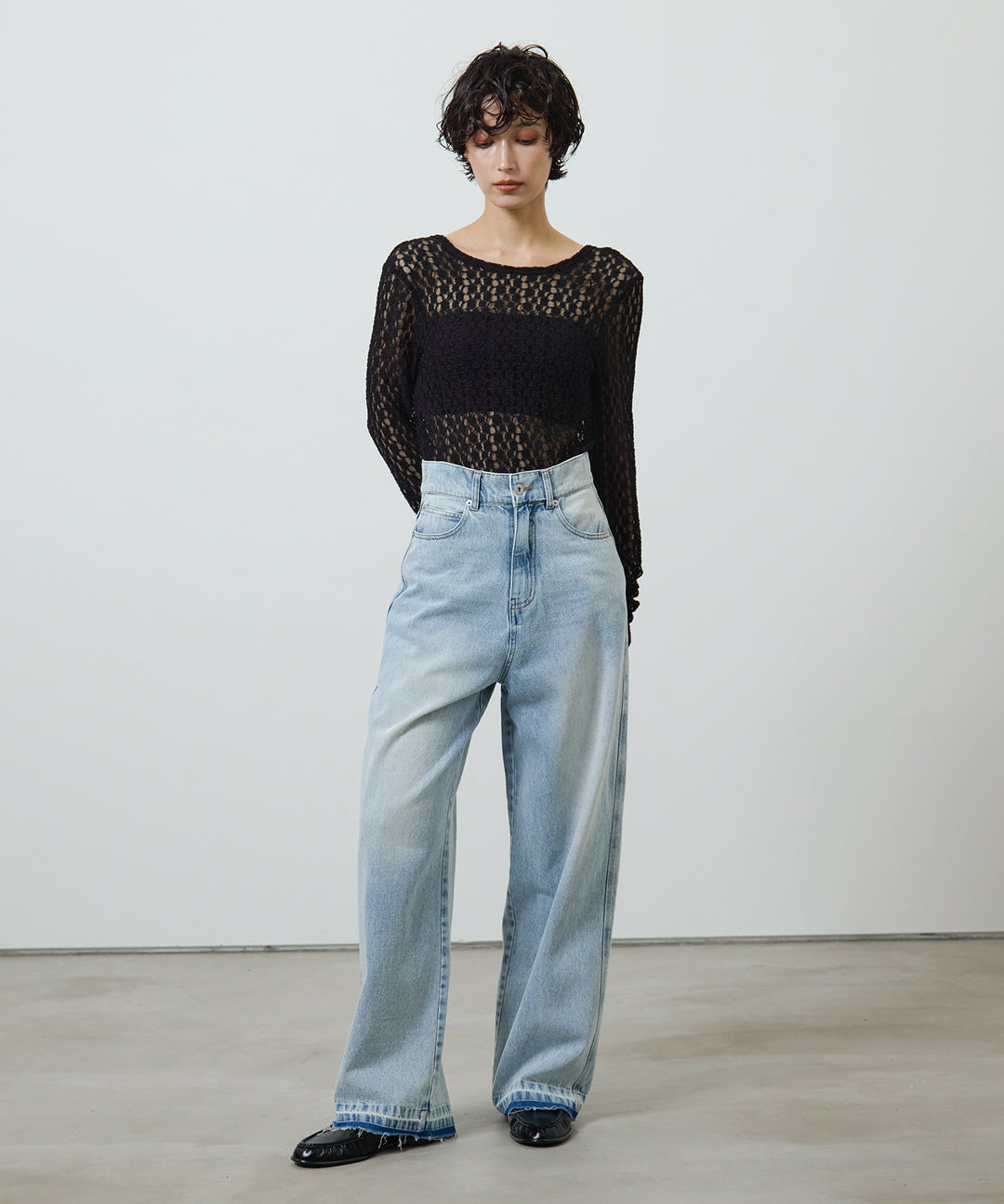 [2SET]Bumpy Lace Long Tee + Hem Wash Denim