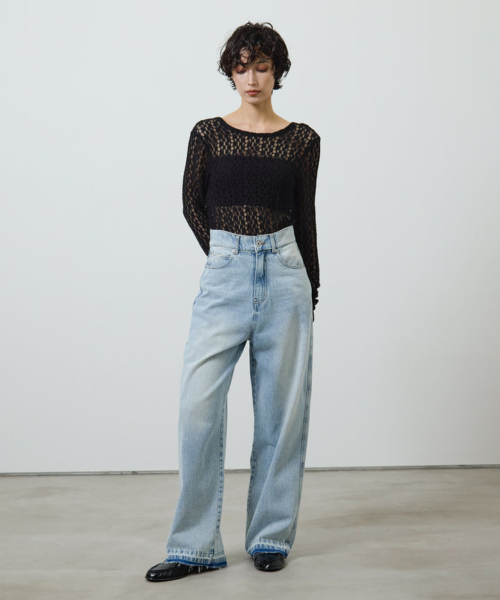 [2SET]Bumpy Lace Long Tee + Hem Wash Denim