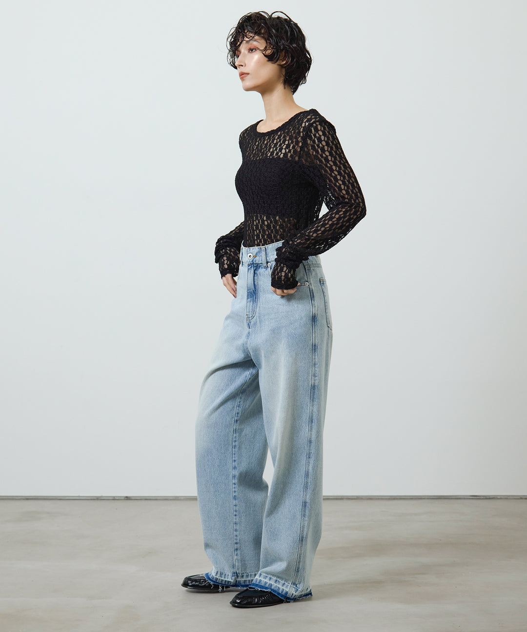 [2SET]Bumpy Lace Long Tee + Hem Wash Denim