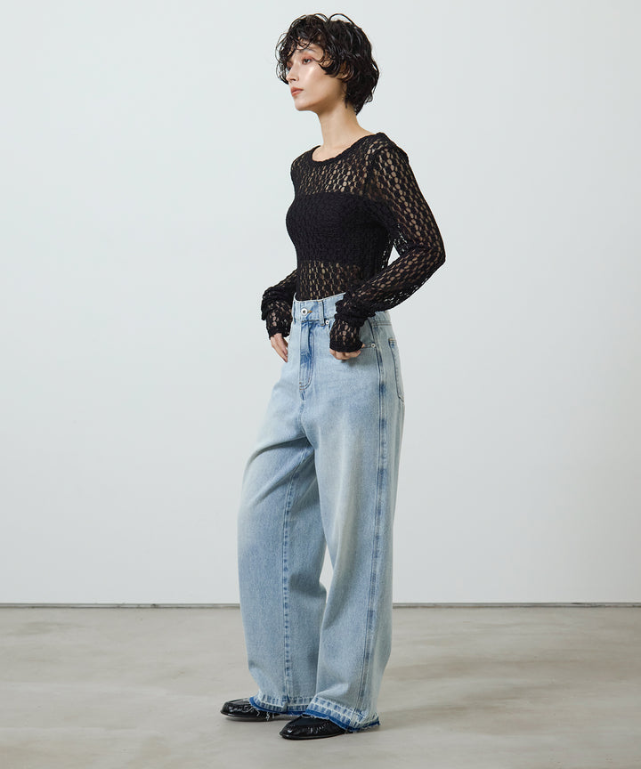 [2SET]Bumpy Lace Long Tee + Hem Wash Denim
