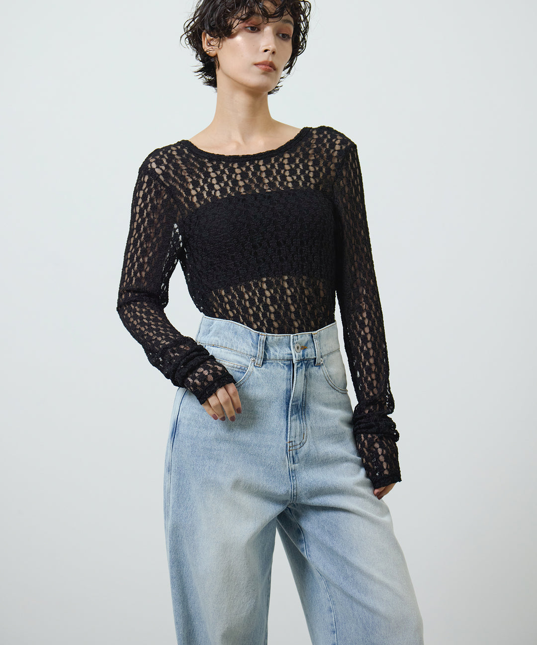 [2SET]Bumpy Lace Long Tee + Hem Wash Denim