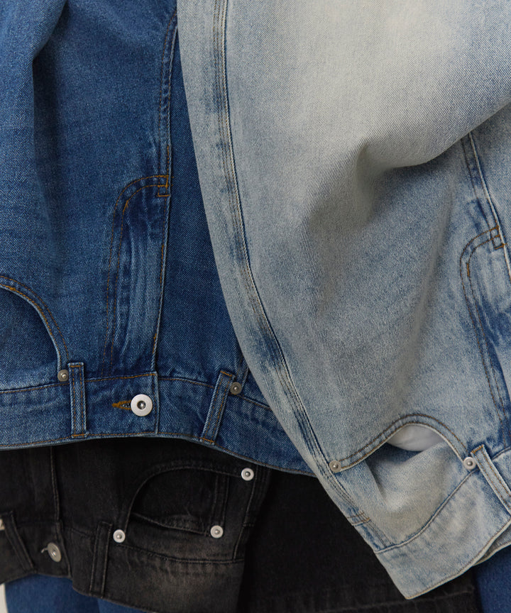 [2SET]Slub Yarn Knit Polo Cardigan+Hem Wash Denim