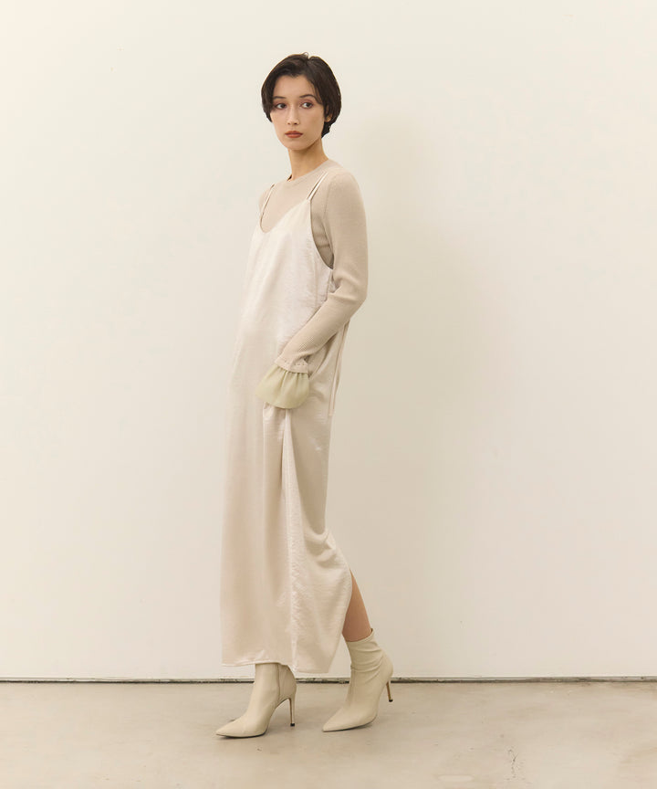 [2SET]Ruffle Cuffs Soft Knit Top + Satin Double C/A Onepiece