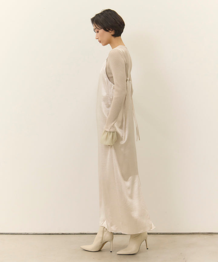 [2SET]Ruffle Cuffs Soft Knit Top + Satin Double C/A Onepiece