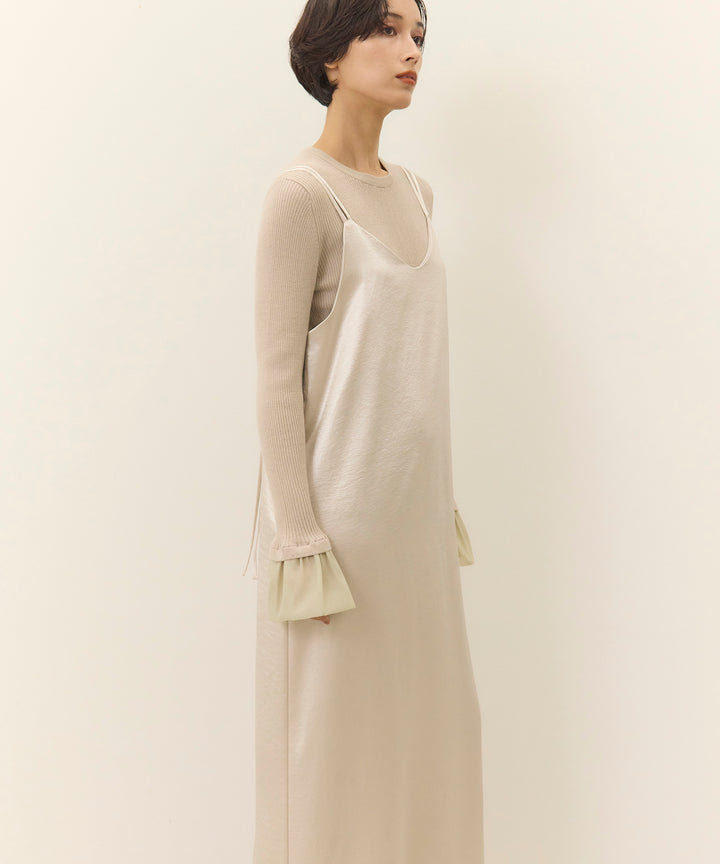 [2SET]Ruffle Cuffs Soft Knit Top + Satin Double C/A Onepiece