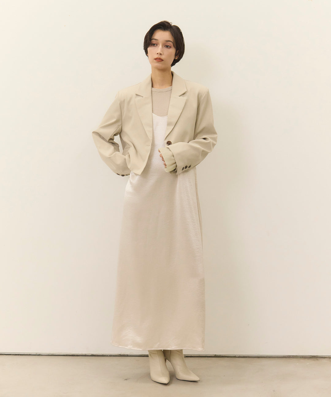 [2SET]Ruffle Cuffs Soft Knit Top + Satin Double C/A Onepiece