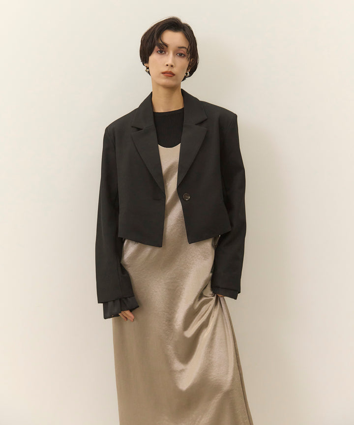 [2SET]Ruffle Cuffs Soft Knit Top + Satin Double C/A Onepiece
