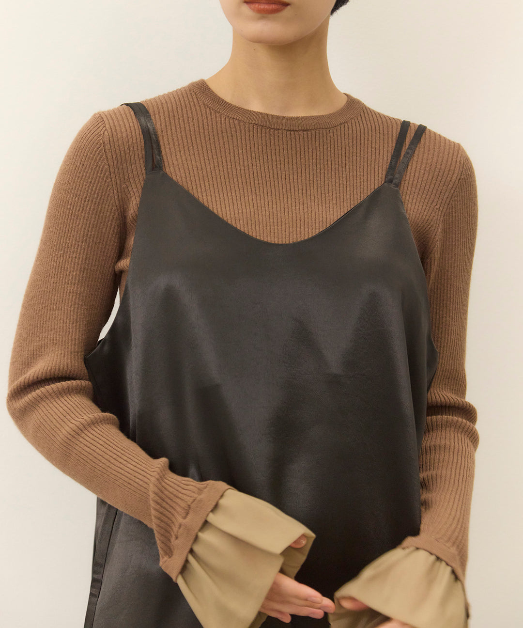 [2SET]Ruffle Cuffs Soft Knit Top + Satin Double C/A Onepiece