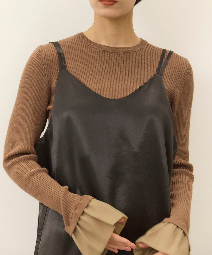 [2SET]Ruffle Cuffs Soft Knit Top + Satin Double C/A Onepiece