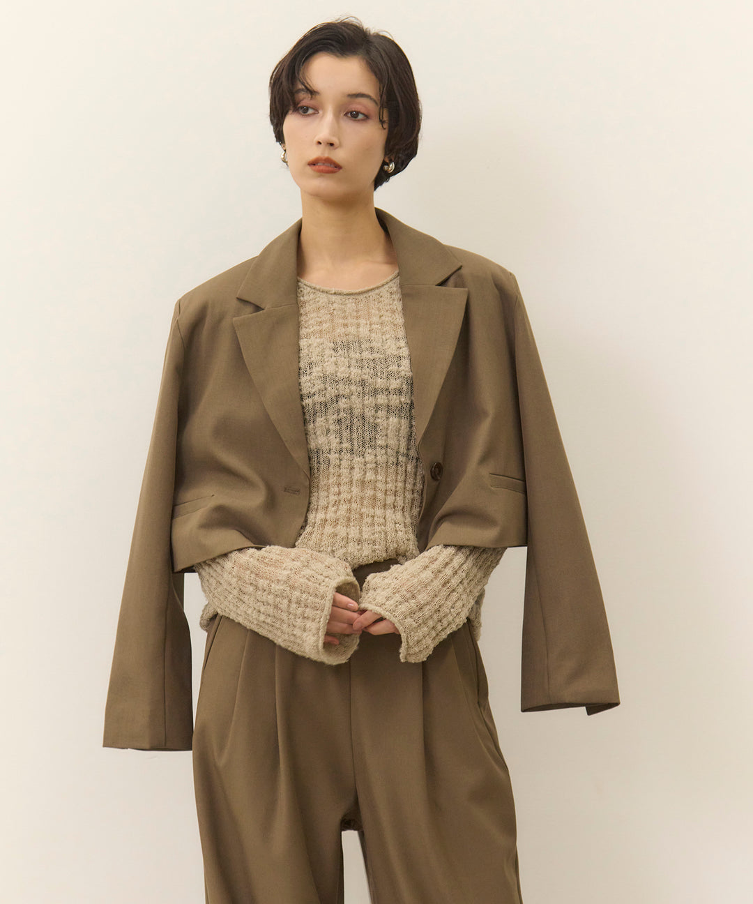 [2SET]Twill Cropped Tailored JK + Twill Tuck Slacks PT
