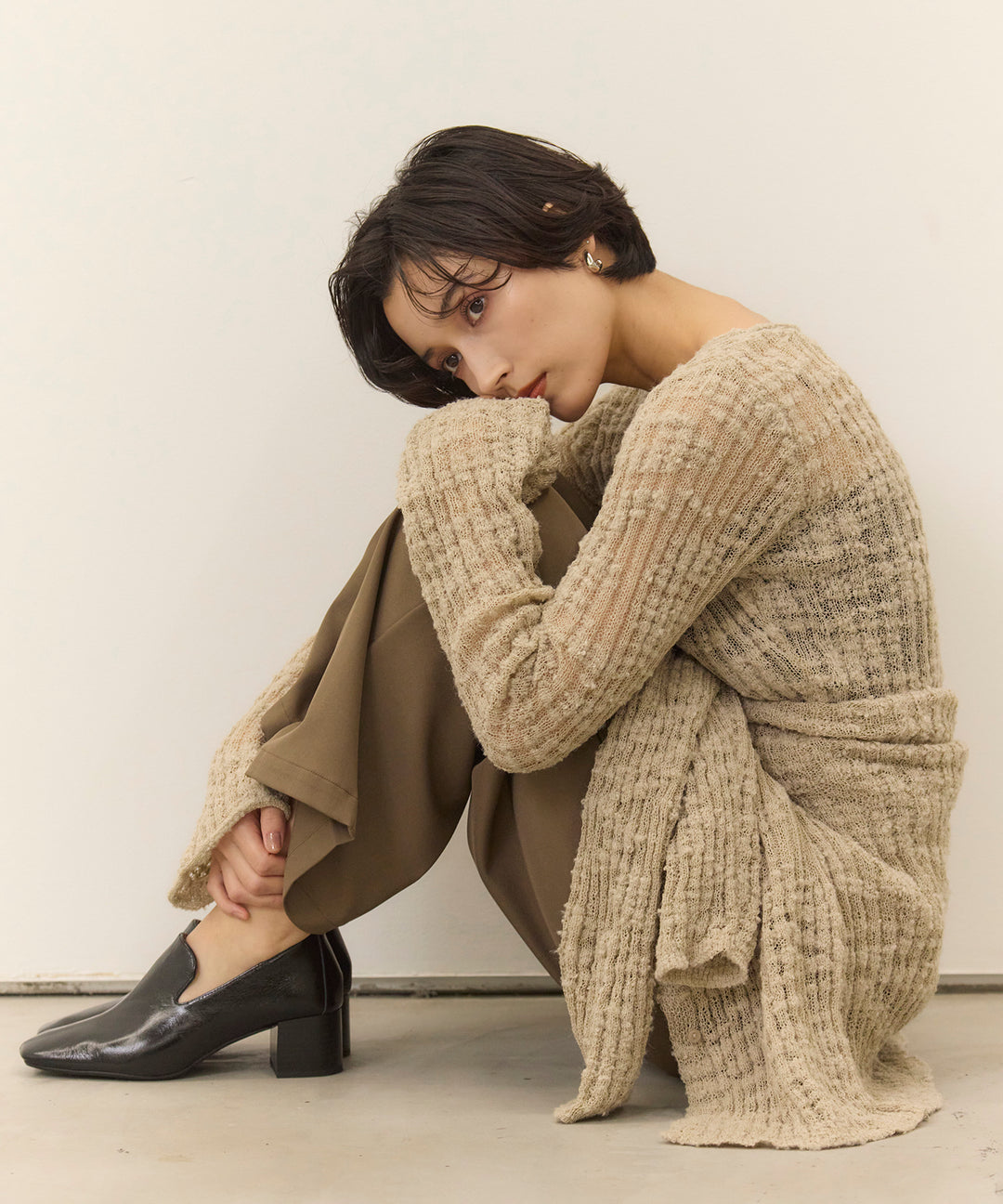 (eliuu)Slub Yarn Knit Polo Cardigan