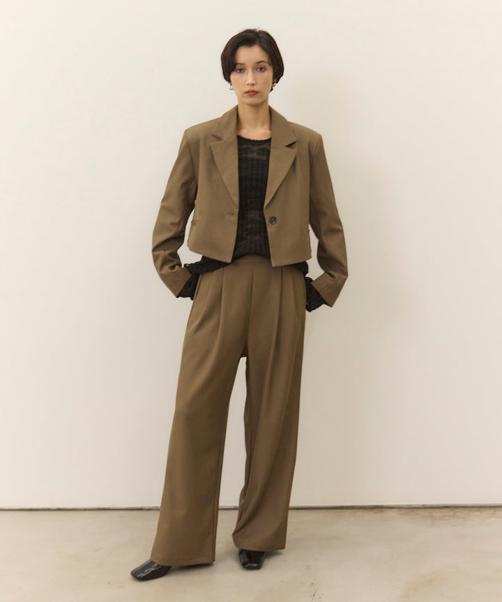 [2SET]Twill Cropped Tailored JK + Twill Tuck Slacks PT