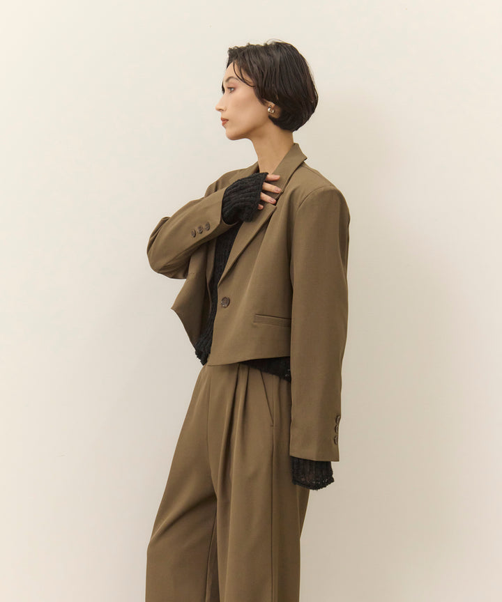 [2SET]Twill Cropped Tailored JK + Twill Tuck Slacks PT