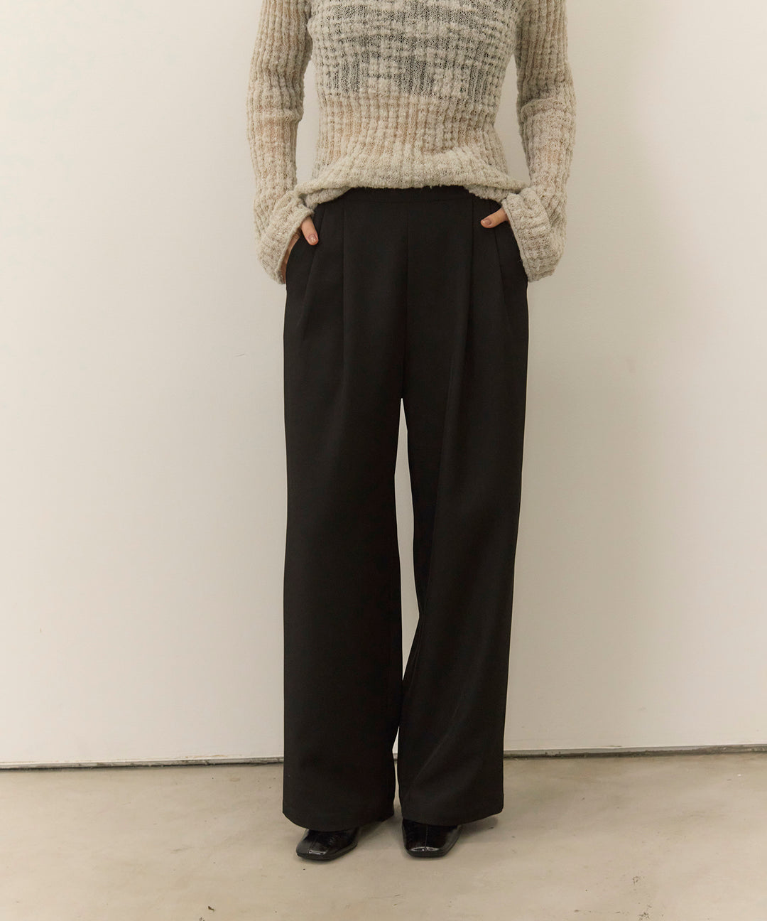 [2SET]Twill Cropped Tailored JK + Twill Tuck Slacks PT