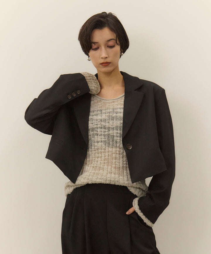 [2SET]Twill Cropped Tailored JK + Twill Tuck Slacks PT