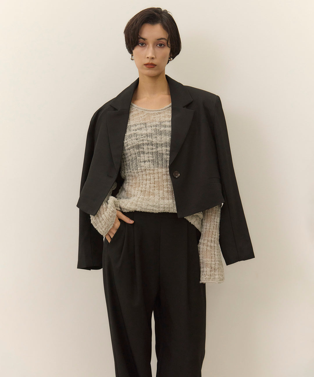 [2SET]Twill Cropped Tailored JK + Twill Tuck Slacks PT