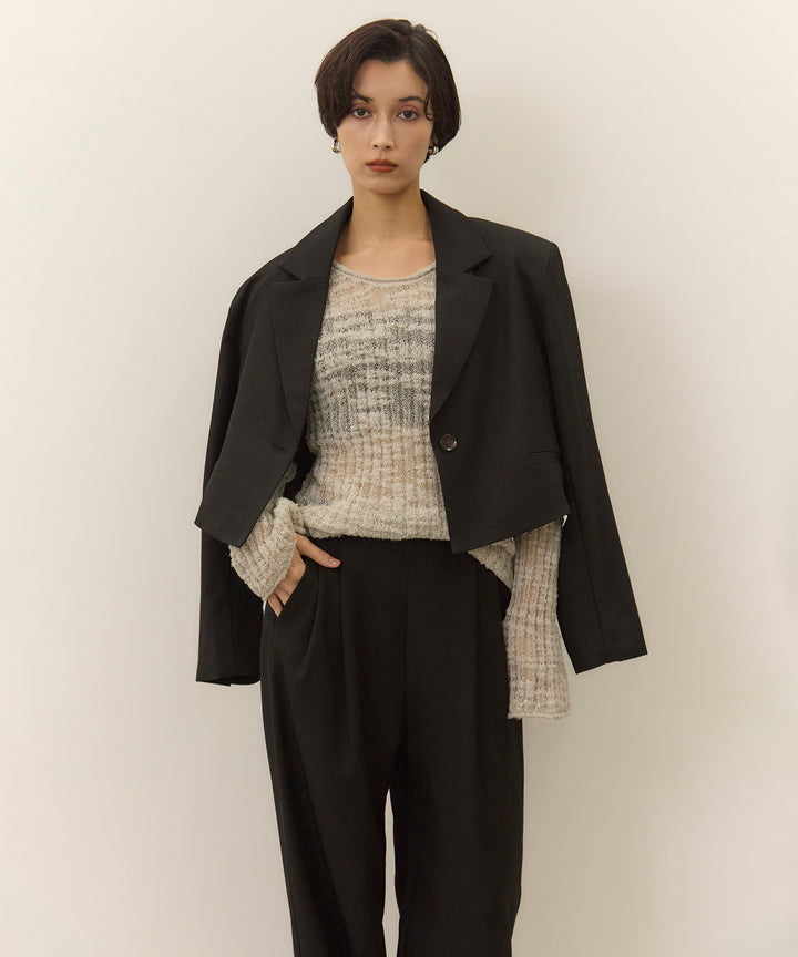 [2SET]Twill Cropped Tailored JK + Twill Tuck Slacks PT