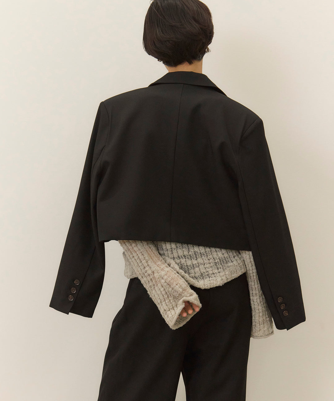 [3SET]Twill Cropped Tailored JK + Slub Yarn Knit Top + Twill Tuck Slacks PT
