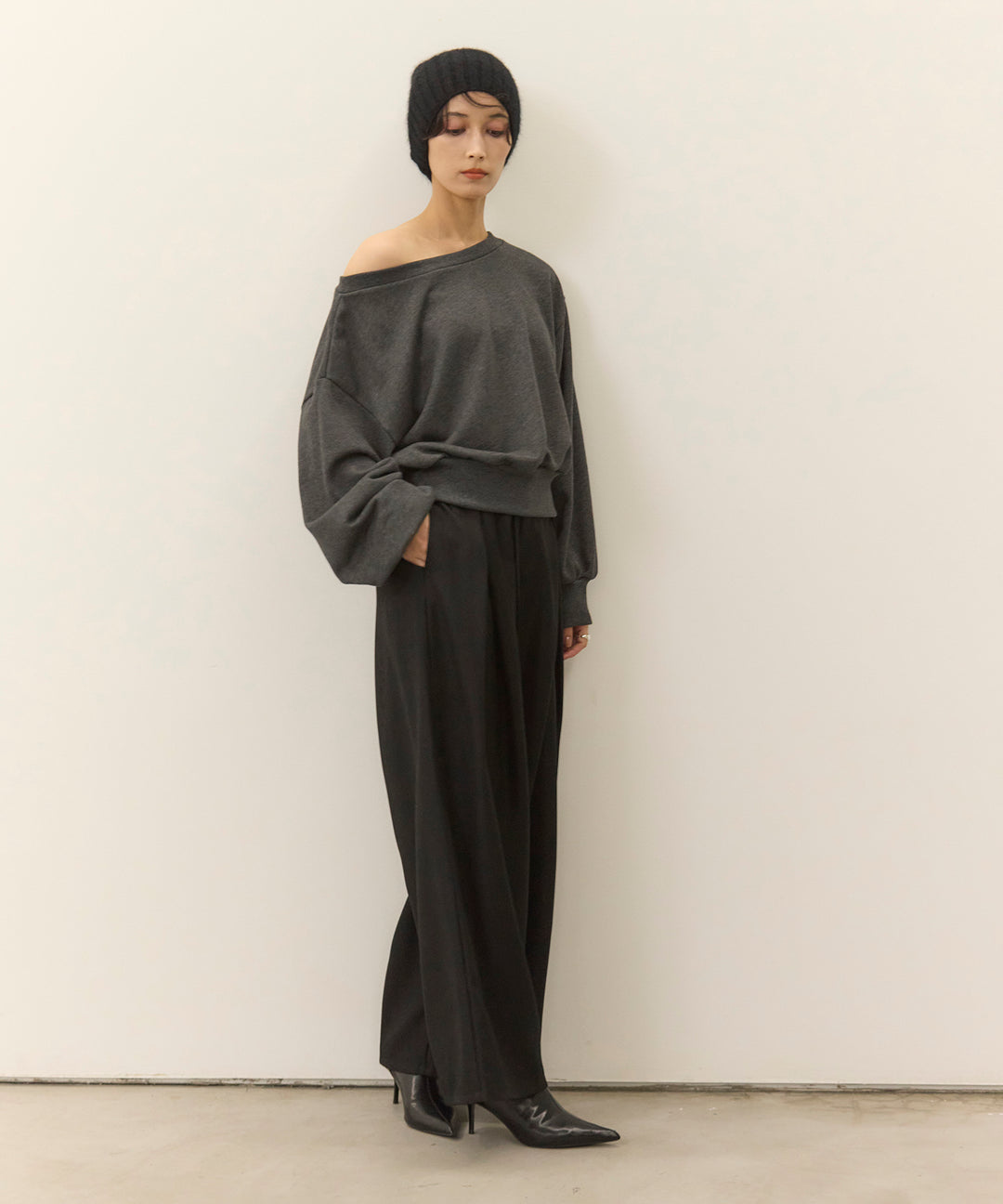 [SET]Sweat Boat Neck Top+Wrap Belt Wide Slacks