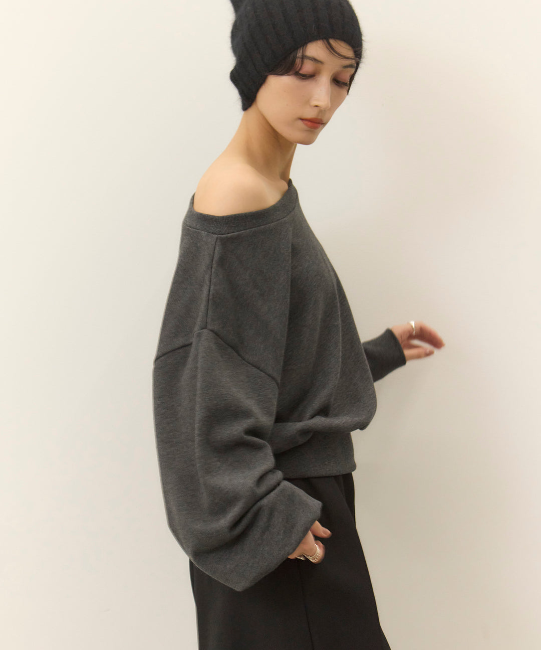[SET]Sweat Boat Neck Top+Wrap Belt Wide Slacks