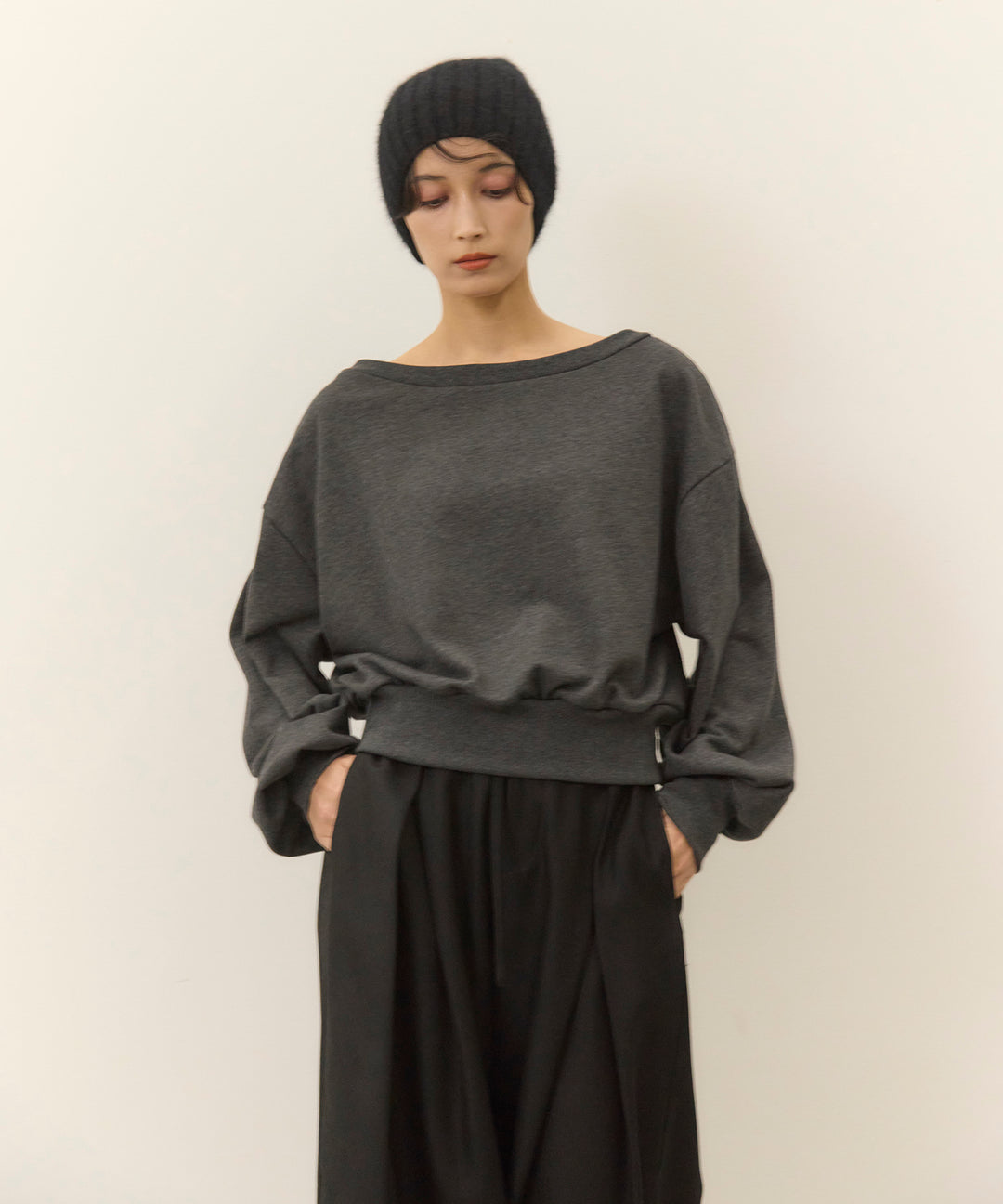 [SET]Sweat Boat Neck Top+Wrap Belt Wide Slacks