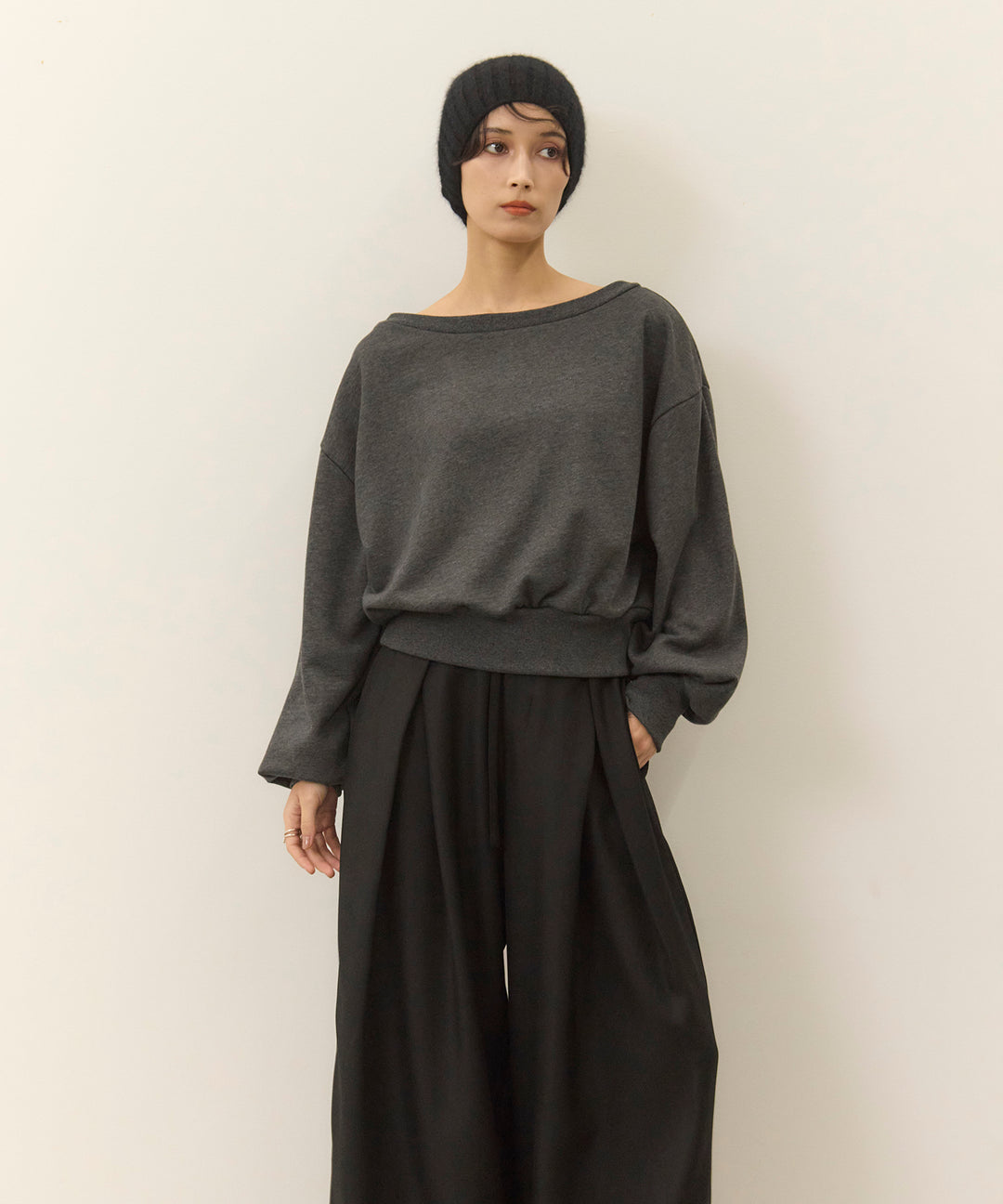 [SET]Sweat Boat Neck Top+Wrap Belt Wide Slacks