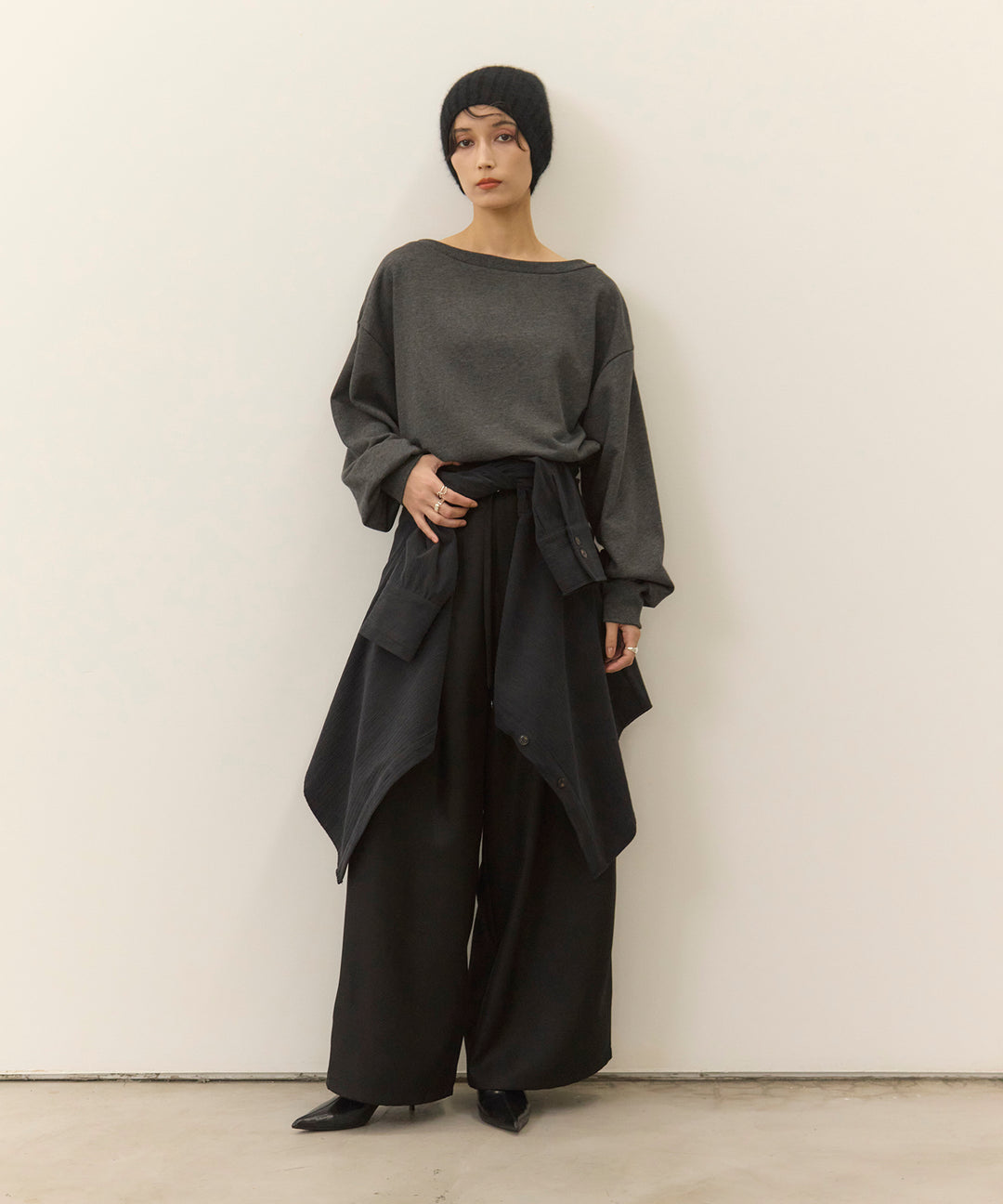 [SET]Sweat Boat Neck Top+Wrap Belt Wide Slacks