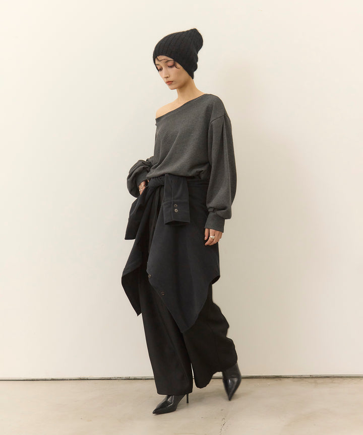 [SET]Sweat Boat Neck Top+Wrap Belt Wide Slacks